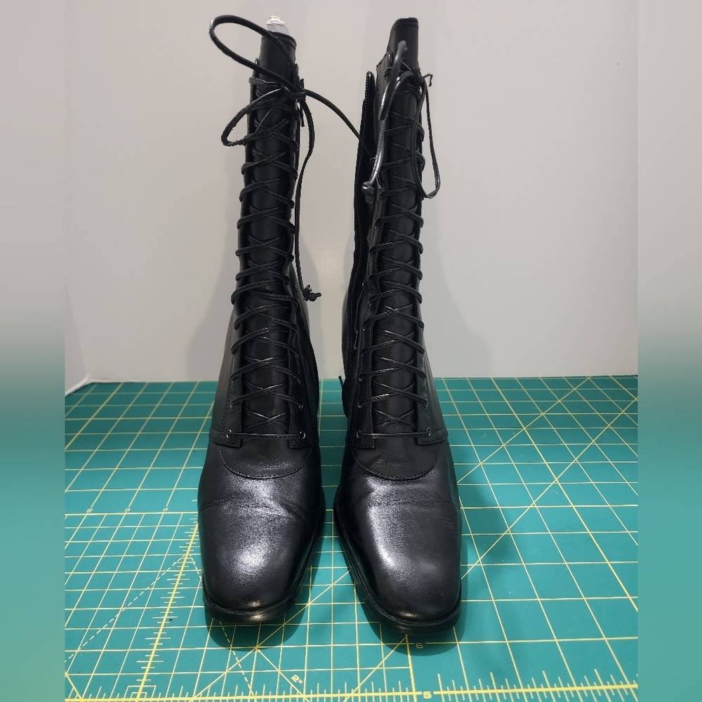 Vintage 90s Steampunk Granny Punk Black Leather Lace-up Heeled Ankle Boots 9 - Picture 3 of 8